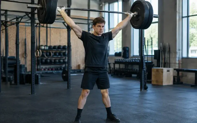 Sportowiec w hali CrossFit trzyma sztangę nad głową