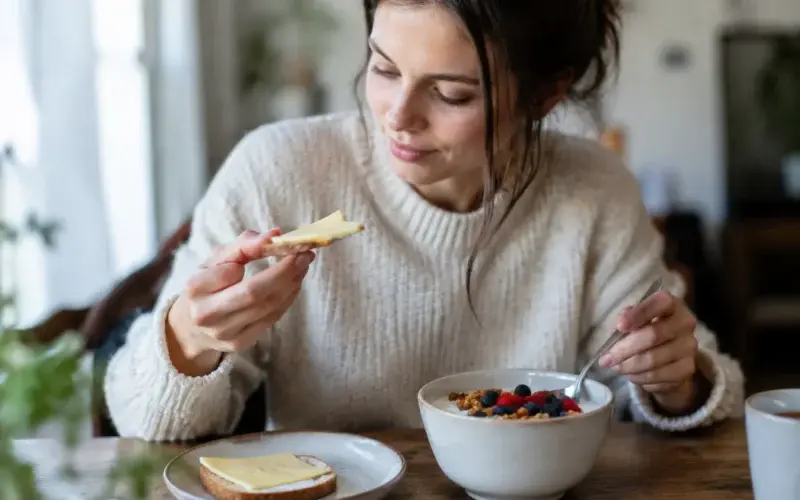 Kobieta jedząca jogurt z jagodami i tost z masłem